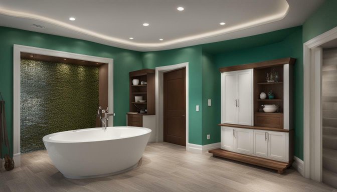 Drywall repair and painting services by TJ Handyman Services in Orlando, FL – beautifully finished bathroom with smooth drywall and freshly painted green walls.