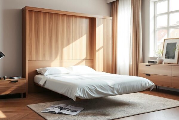 Modern bedroom featuring a fully assembled wall bed with a wooden frame, neatly folded down and ready for use.