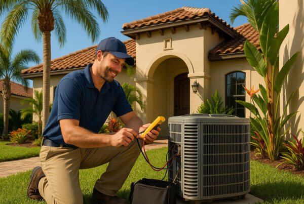 Technician performing AC repair services on an outdoor HVAC unit in front of a Florida home with tropical landscaping.