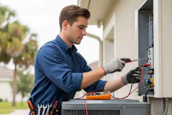 Technician providing AC repair and maintenance services on an outdoor unit in a residential neighborhood with palm trees.