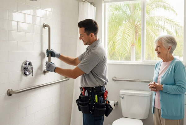 A handyman installs a grab bar in a senior's bathroom, demonstrating how to make a home safer for seniors.
