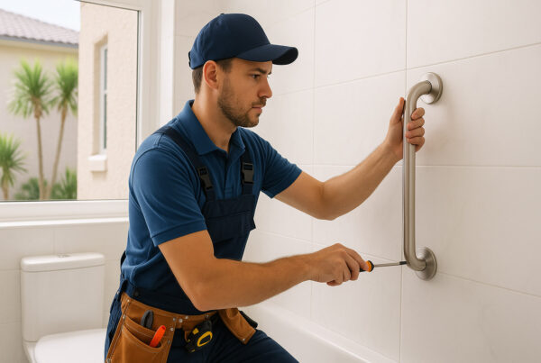 TJ Handyman Services technician installing a grab bar in a bathroom as part of senior-friendly home modifications.