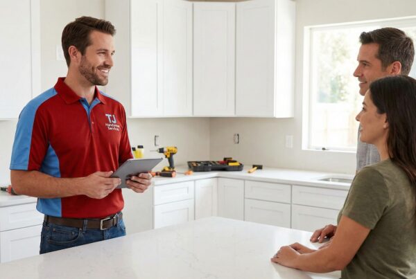 TJ Handyman Services - professional residential remodeling contractors near me in an Orlando home discussing a kitchen renovation project with a homeowner.