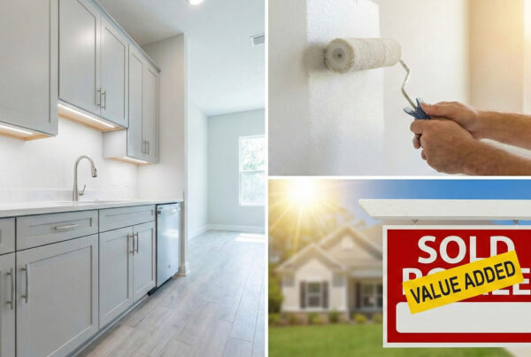Collage showing kitchen upgrades, painting, and a sold sign, illustrating the top 10 things that add value to your home in Orlando.