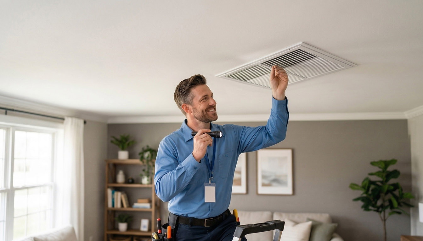 Common HVAC problems and solutions by TJ Handyman Services in Orlando – professional inspecting a ceiling air vent in a home.