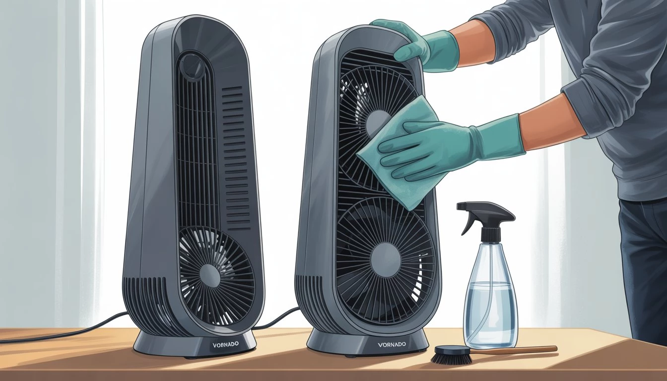 A person cleaning a Vornado tower fan by wiping the internal blades with a cloth, with cleaning tools nearby.