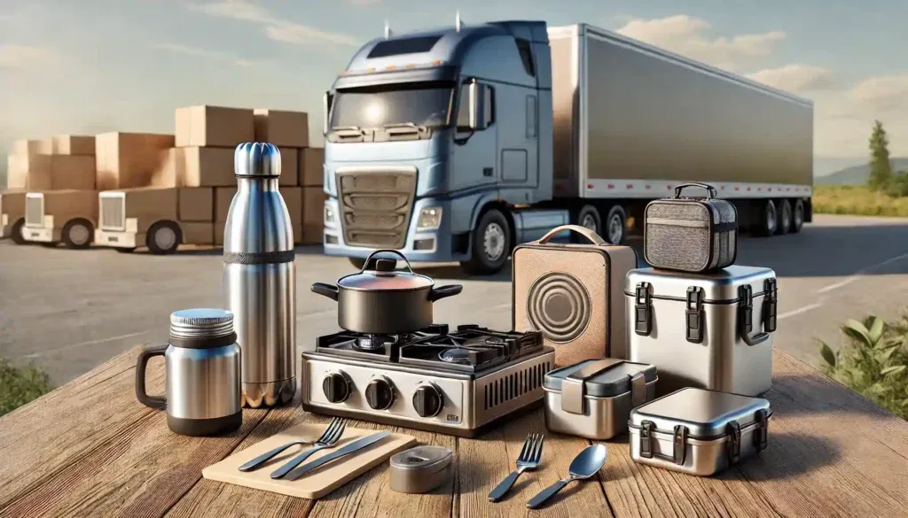 DALLยทE 2025 01 18 17.01.27 A realistic, clean image showcasing a selection of cooking and food storage solutions for truck drivers. The display includes a compact portable stove (1)