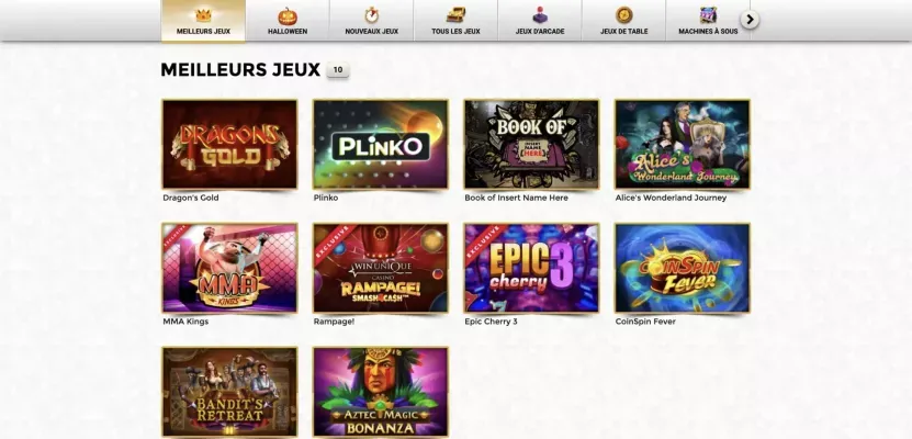 Interface du Casino unique en ligne