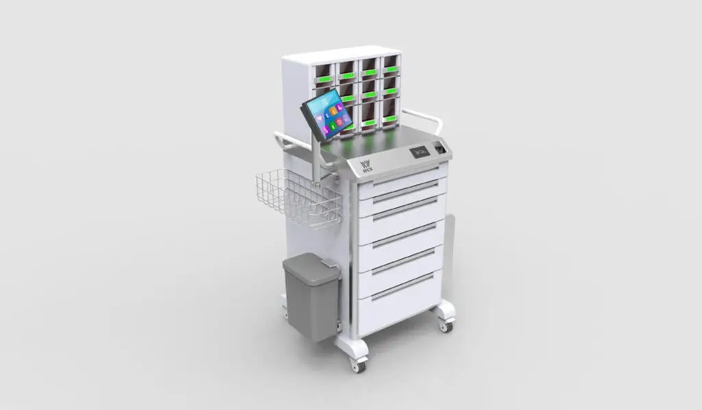 Advanced medical device cart with integrated tablets and storage for healthcare settings.
