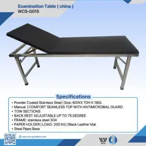 Examination table with adjustable backrest and stainless steel frame for medical exams.