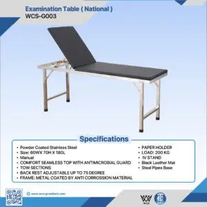 Examination table with powder-coated stainless steel frame and adjustable backrest.