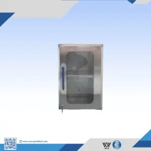 WCS-C017 304 stainless steel corner wall cabinet with glass hinged door, satin finish, integrated handle, secure lock, and one internal shelf for clinical storage