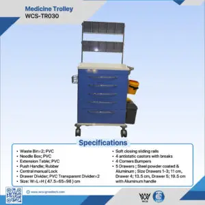WCS-TR030 Medicine Trolley with 5 powder-coated steel drawers, PVC waste bins, antistatic castors, and central manual lock