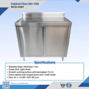 WCS-C001 60x100cm Grade 304 stainless steel floor cabinet with satin finish, 10cm backsplash, and hinged down cabinet doors