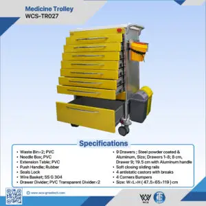 WCS-TR027 9-drawer medicine trolley with PVC waste bins, needle box, SS304 wire basket, and antistatic castors