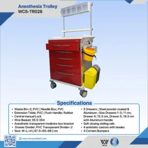 WCS-TR028 Anesthesia Trolley with five soft-closing drawers, antistatic castors, and stainless steel wire basket