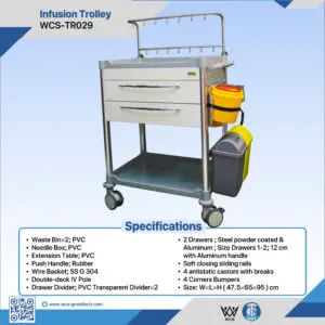 WCS-TR029 Infusion Trolley with double-deck IV pole, two powder-coated drawers, SS304 wire basket, and four antistatic castors