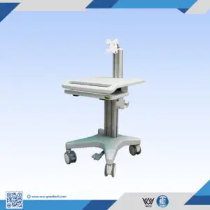 WCS-TR033 mobile medical workstation trolley featuring an adjustable aluminum column, integrated keyboard tray with mouse box, and 304 stainless steel wire basket