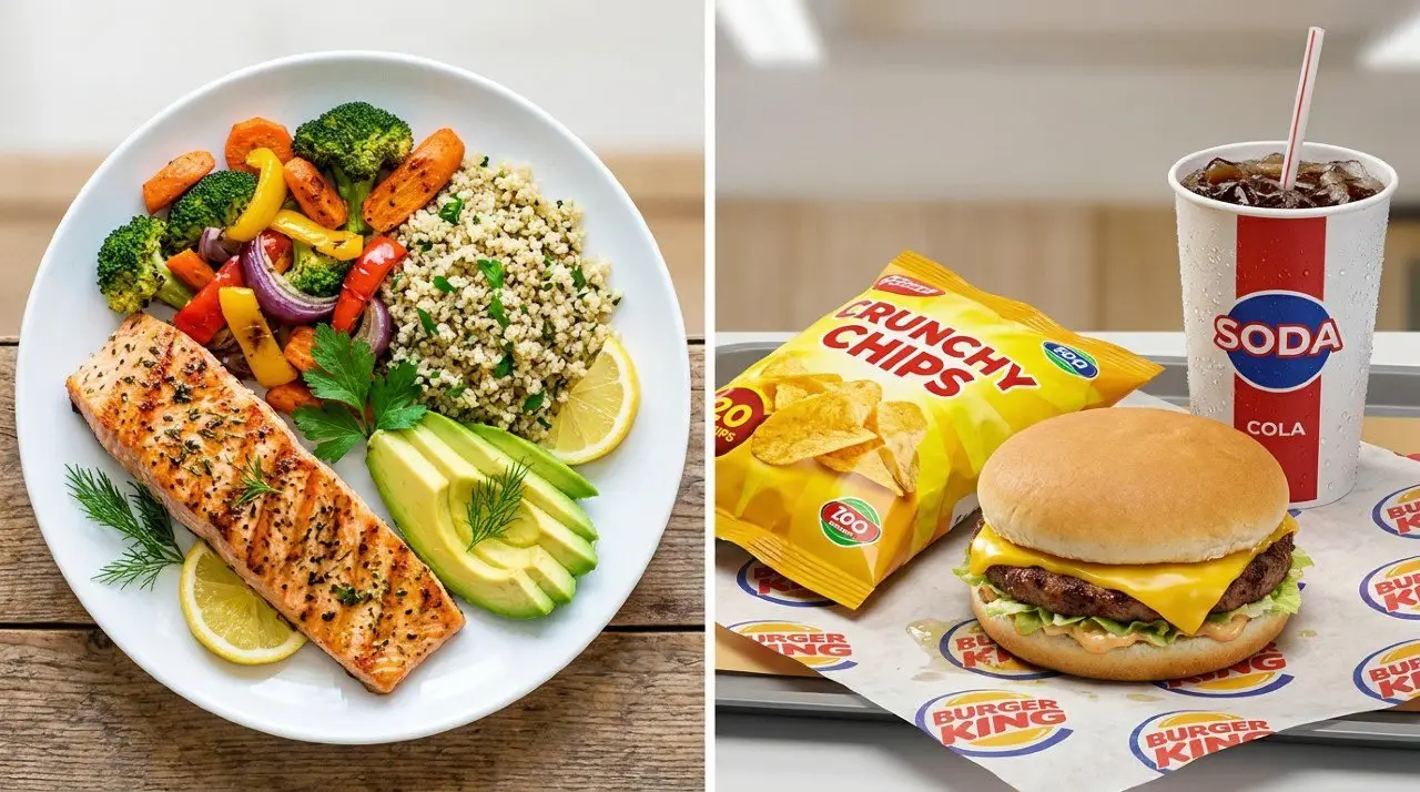 Top 5 Clean Eating Habits That Actually Transform Your Health-02 Healthy meal versus fast food options.