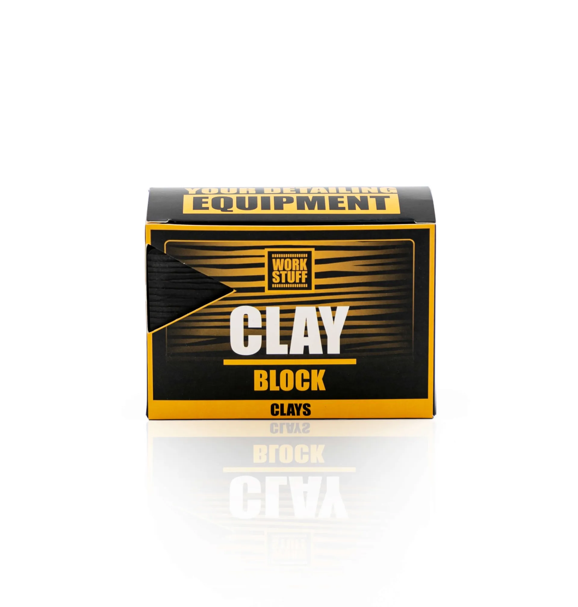 A rectangular Work Stuff Clay Block Clays box in yellow, black, and white with bold text and dynamic lines on white background.