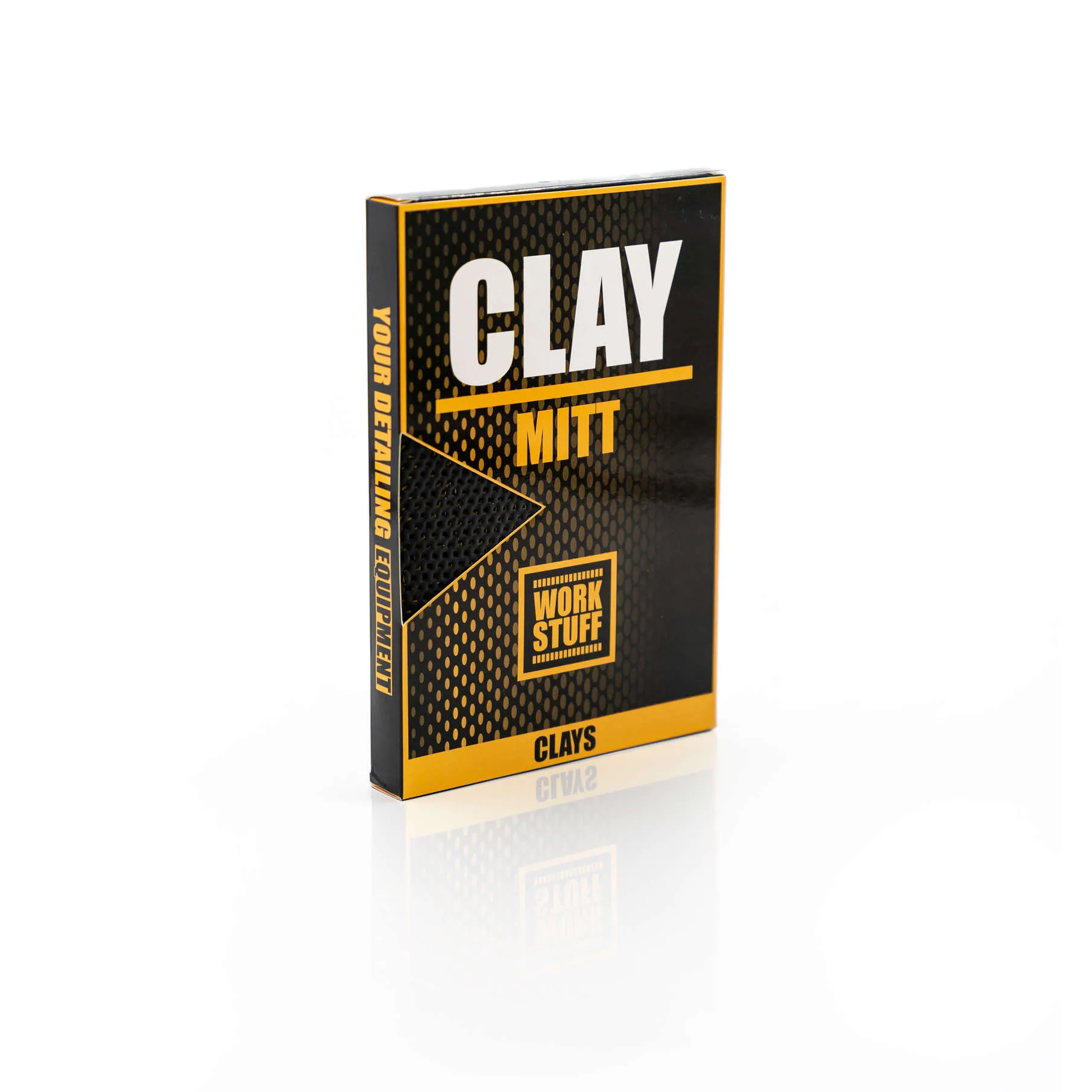 A black and yellow Work Stuff CLAY MITT box with bold, geometric design stands upright on white, reflected below.