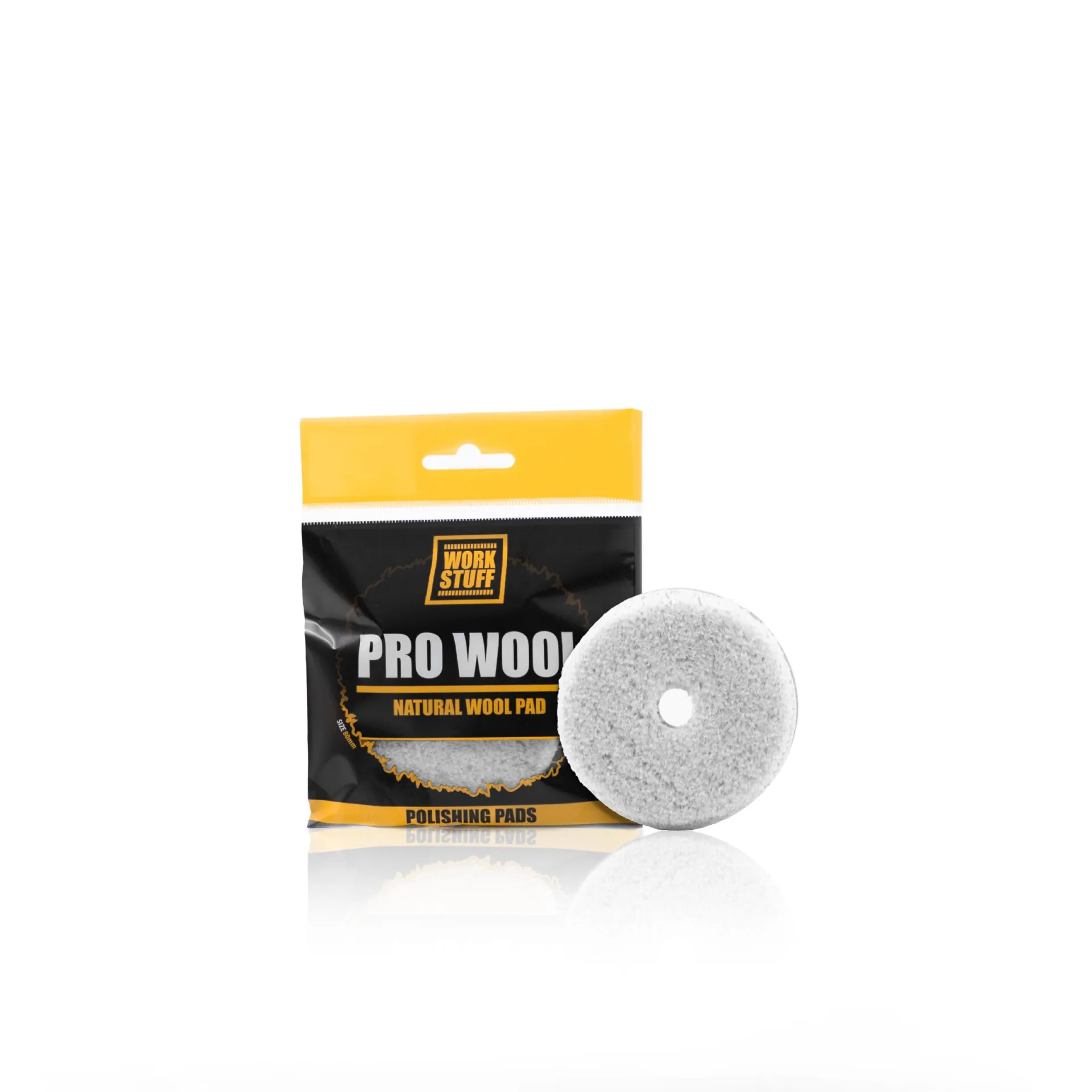 A PRO WOOL Natural Wool Pad package, round white polishing pad with center hole, and microfiber car towel on white background.