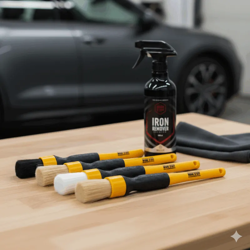 Cinq brosses de nettoyage à manche jaune, un flacon pulvérisateur de déferraillant et un chiffon gris sur une table en bois avec une voiture floue derrière.