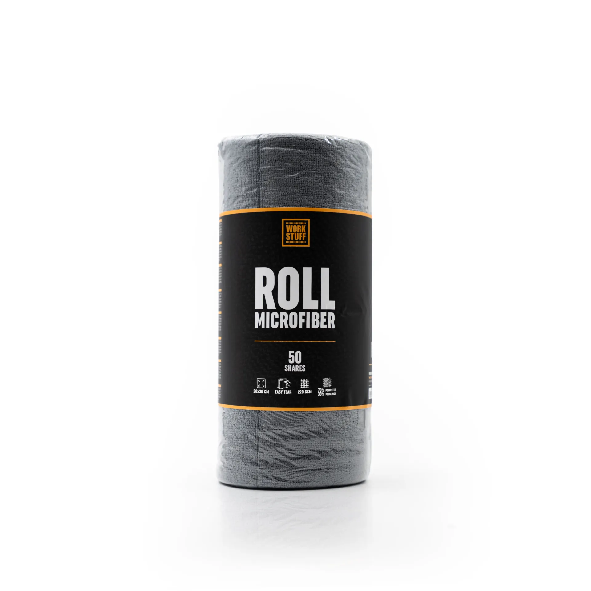 Gray roll of microfiber cloth with a black and yellow label reading Work Stuff Roll Microfiber 50 Sheets on white background.