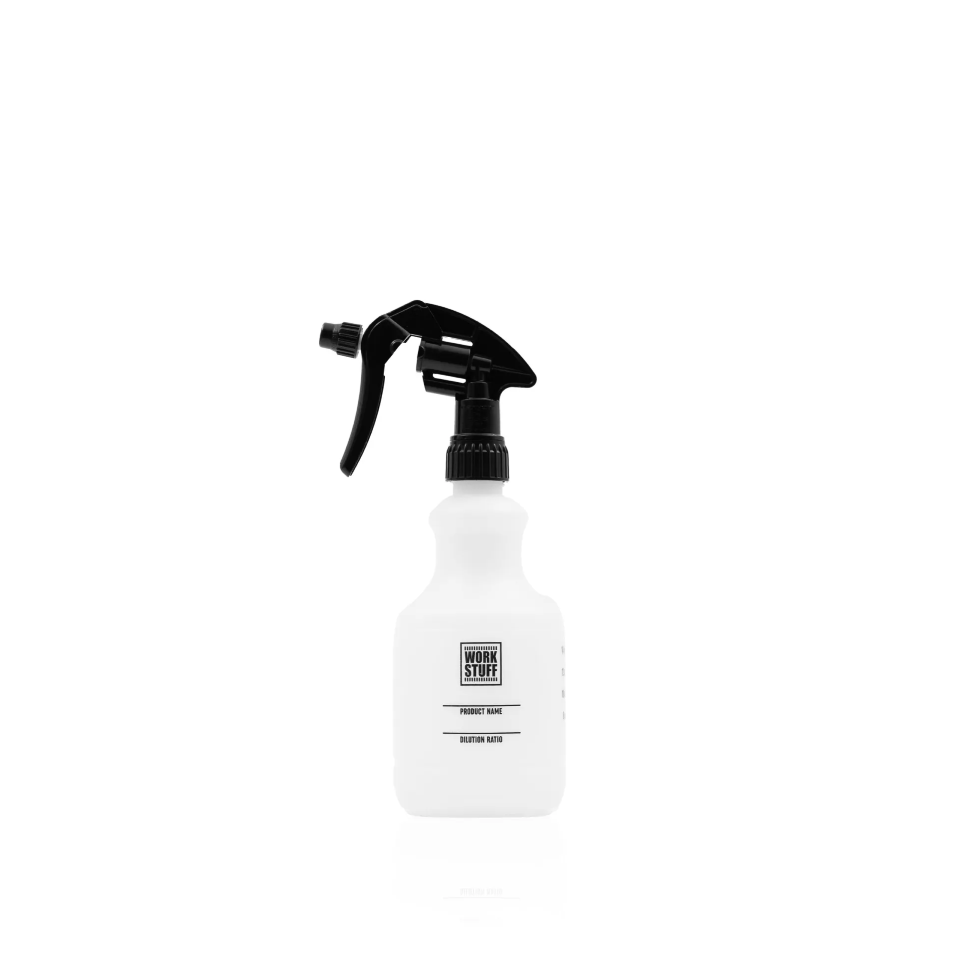 White plastic work bottle with black trigger nozzle, printed measurements, and Work Stuff label on plain white background.