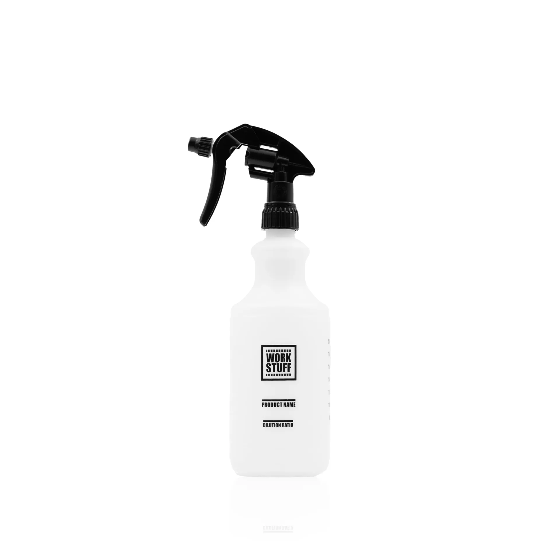 A white plastic Work Stuff spray bottle with a black trigger and measurement markings, set against a plain white background.