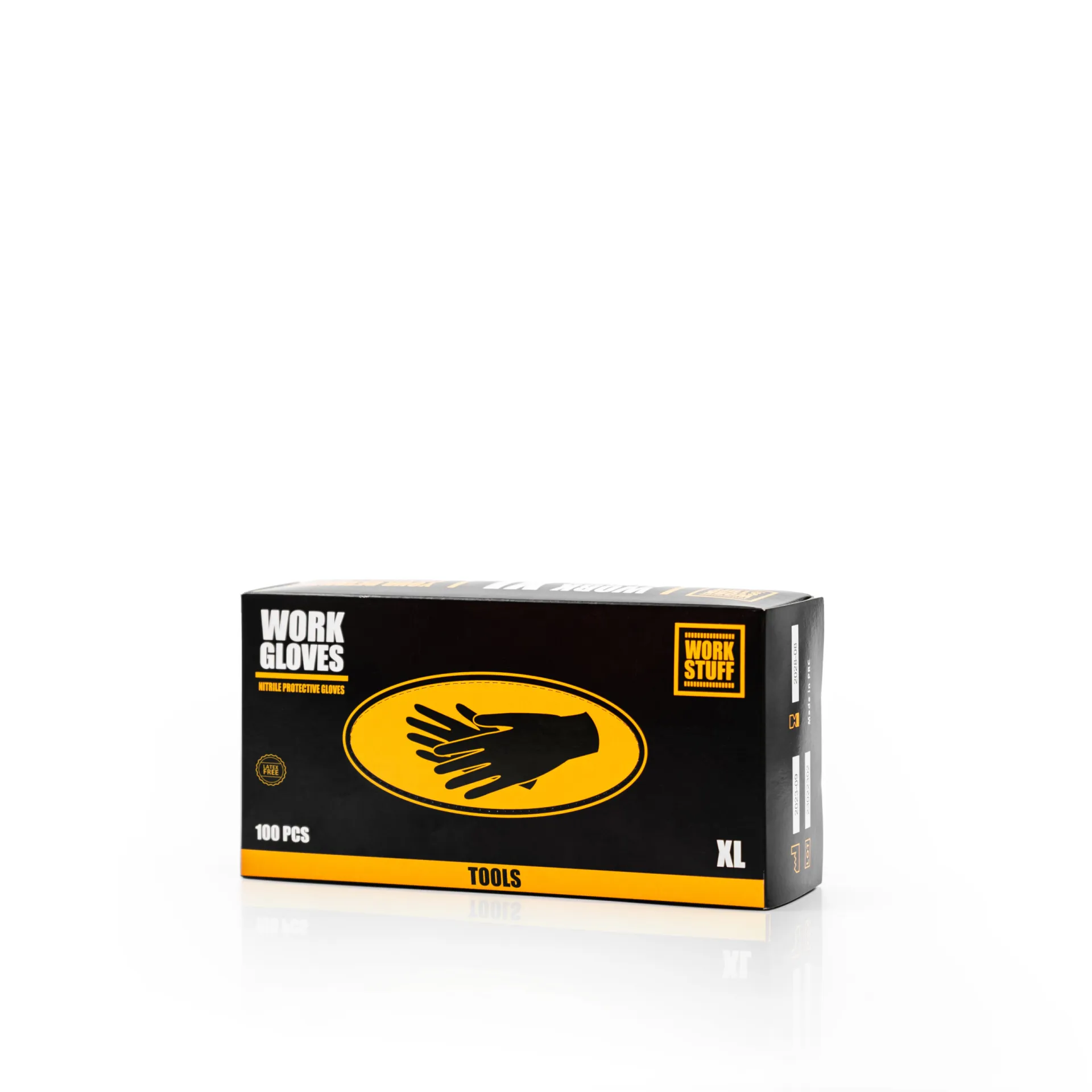 Black and yellow Work Stuff Professional Nitrile Gloves box, XL size, 100 black gloves, TOOLS label, glove-wearing hand image.