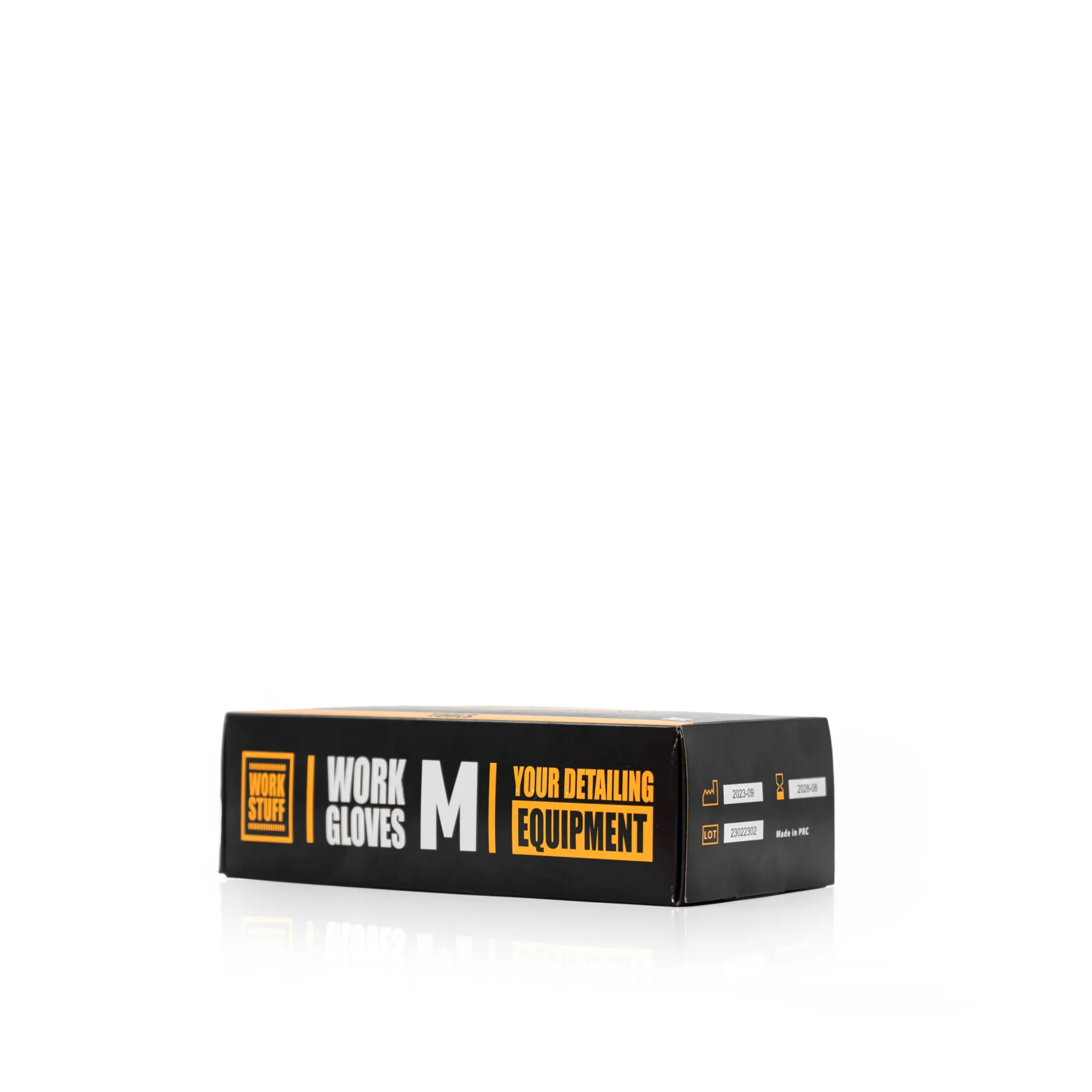 A black and yellow Work Stuff box for M-size Professional Nitrile Gloves is angled to show side and front on white background.