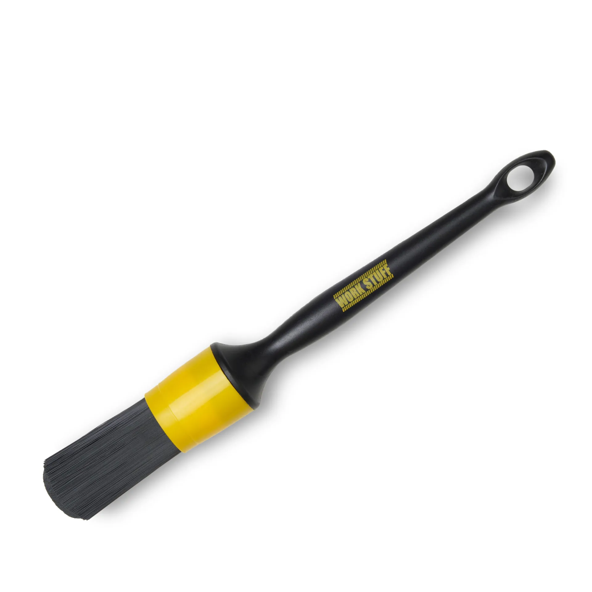 Black and yellow Detailing Brush with stiff round bristles, long handle, hanging hole, and "Work Stuff" label on the handle.