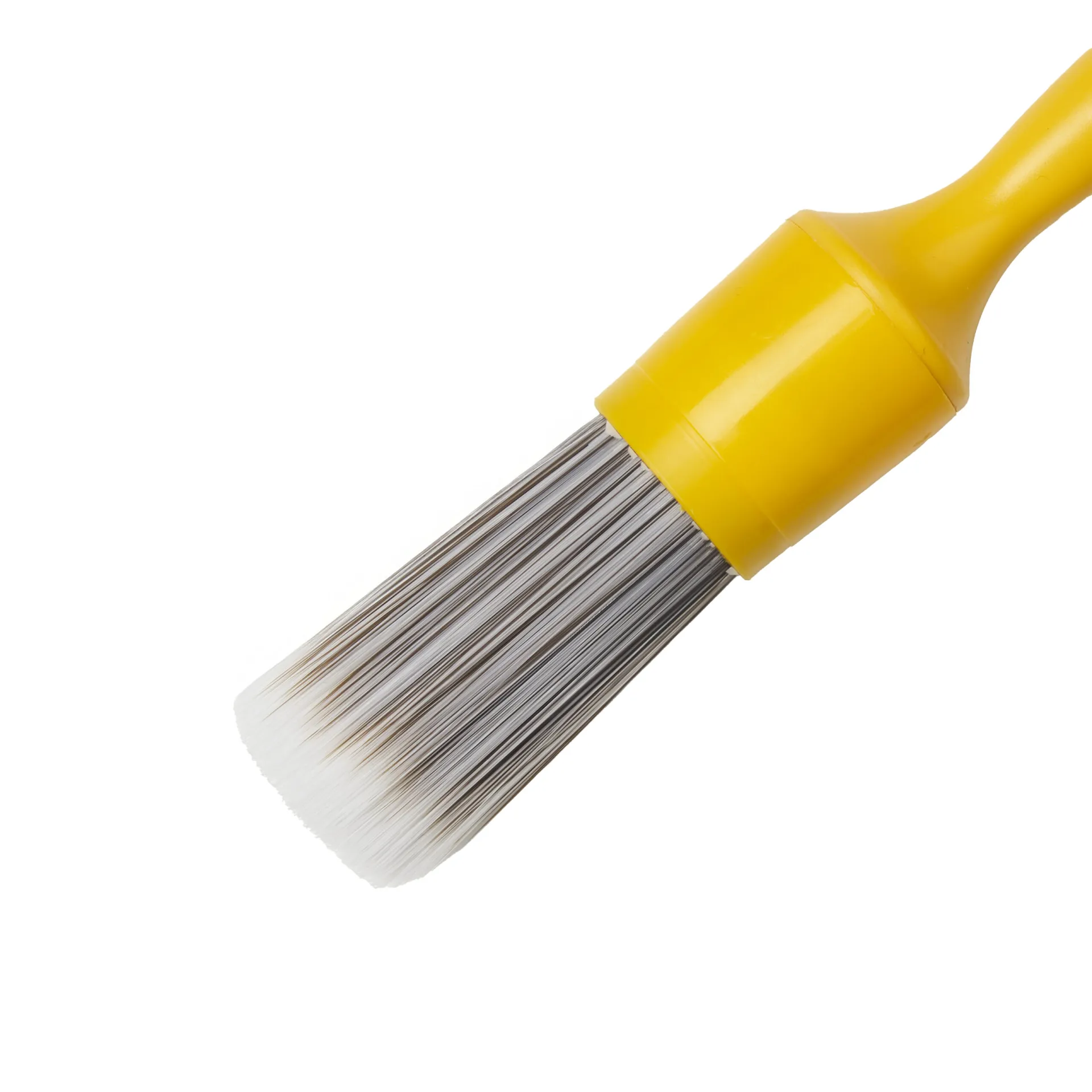 Leather cleaning brush with a yellow handle and white bristles, shown close-up against a plain white background.
