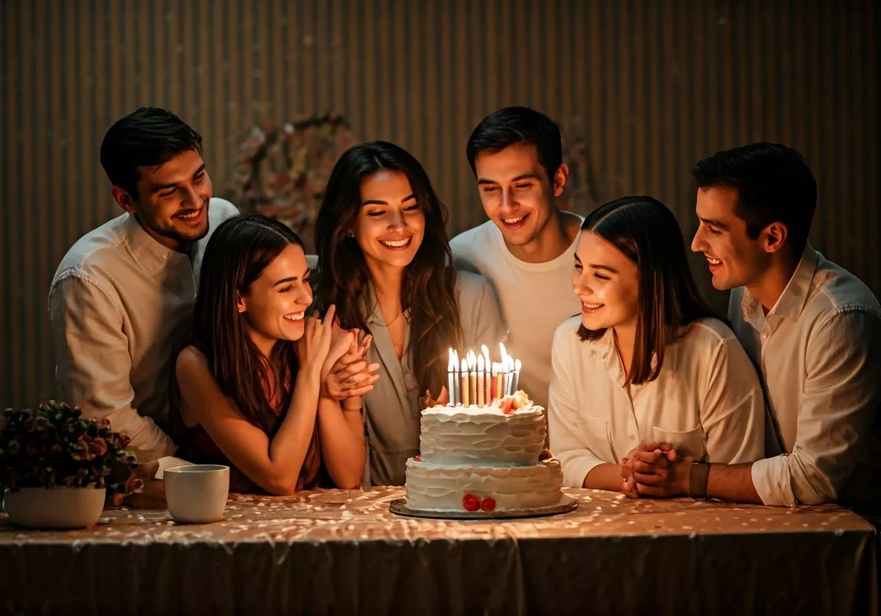 Friends celebrating with a birthday cake