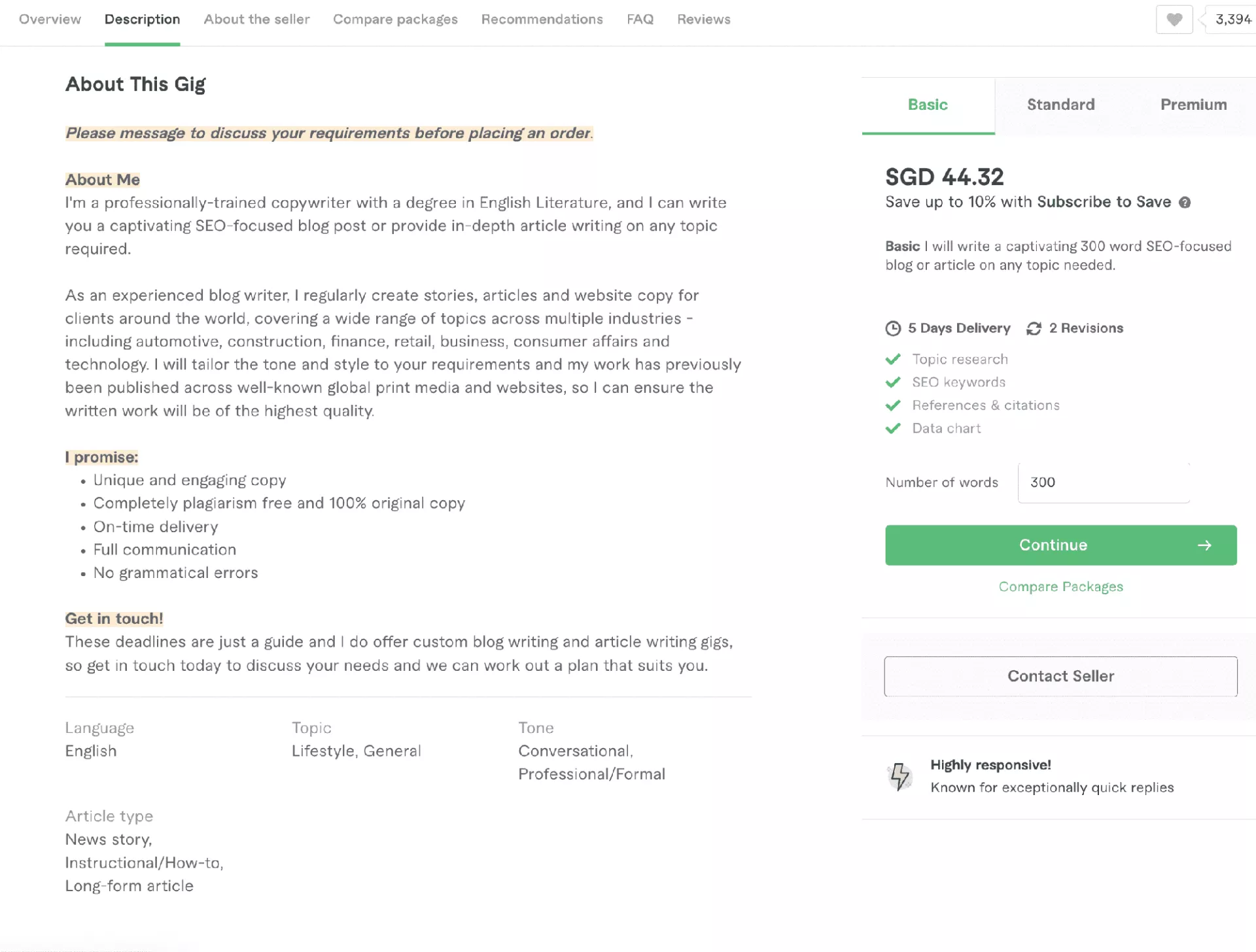 A screen shot of a landing page with a breakdown of copywriters charges.