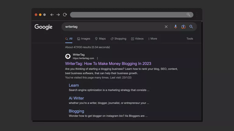A search page with a black background.