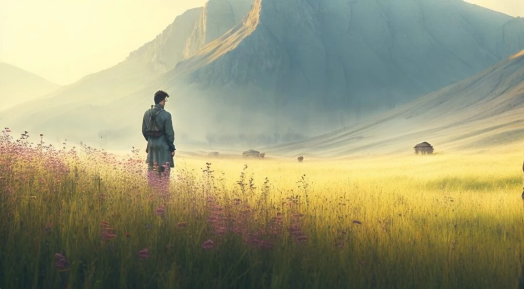 Learn How to Write a Poem - A man standing in a field with mountains in the background, inspired to write poetry.