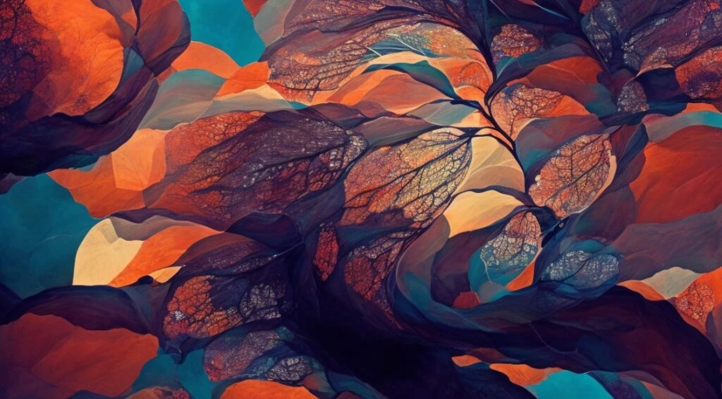 Learn How to Write a Poem - Keywords: abstract painting, orange leaves  Modified Description: An abstract painting featuring vibrant orange leaves.