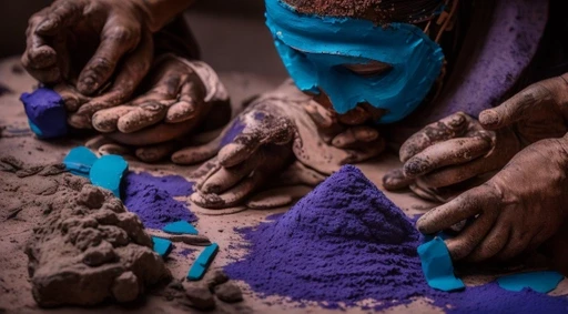 A person wearing a blue mask is creating clay art.