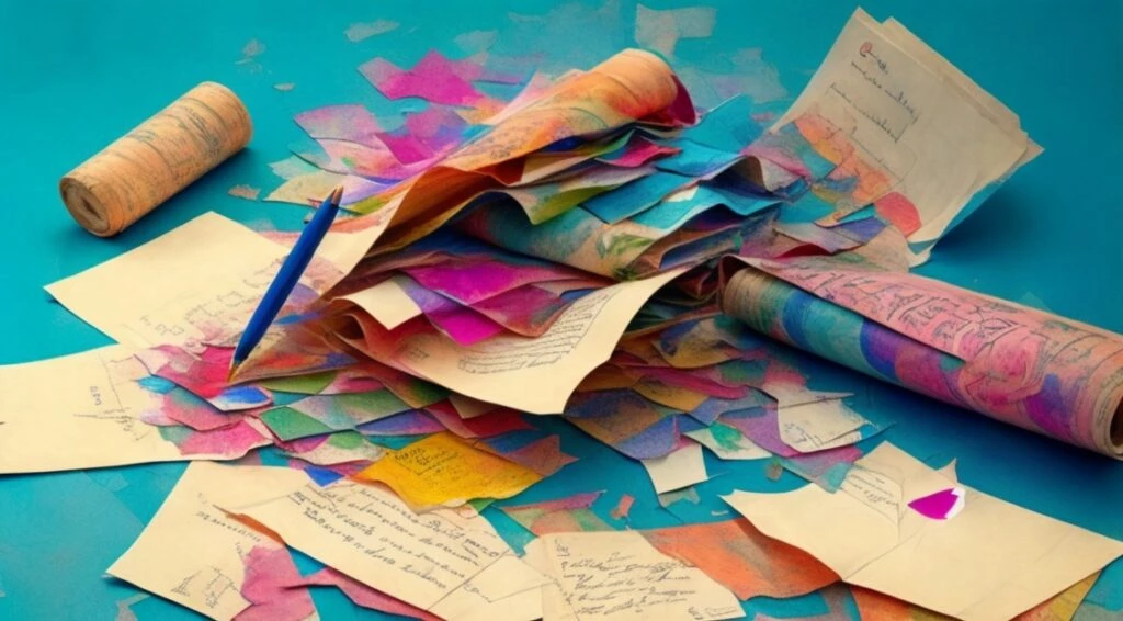 A stack of vibrant papers and pens, inviting creativity for writing poetry.