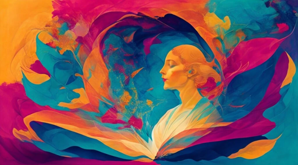 Learn How to Write a Poem - An abstract painting of a woman reading a book, exploring the art of writing poetry.