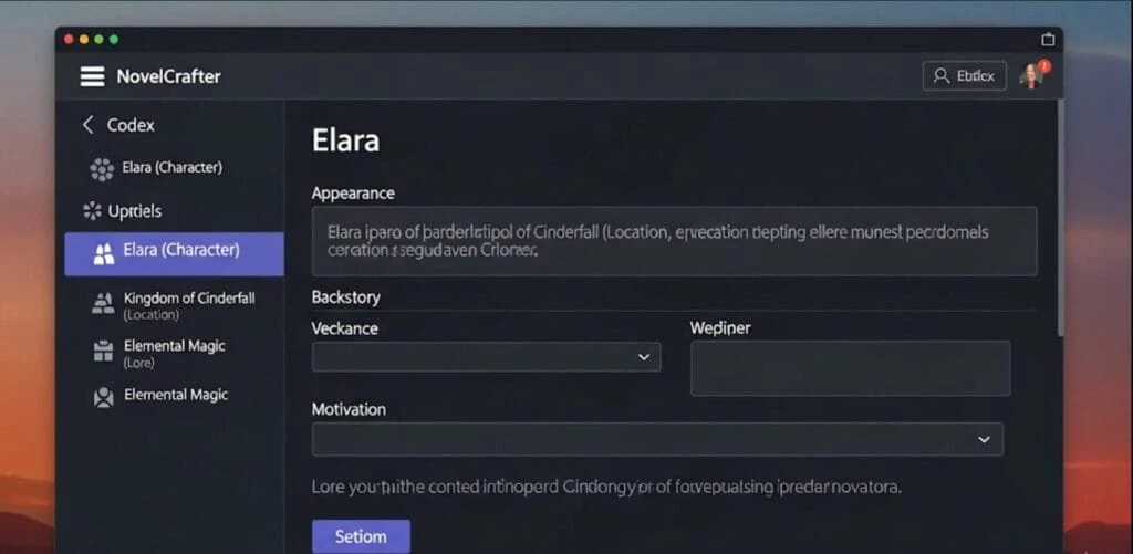 NovelCrafter review : NovelCrafter's Codex interface showing a detailed character sheet.