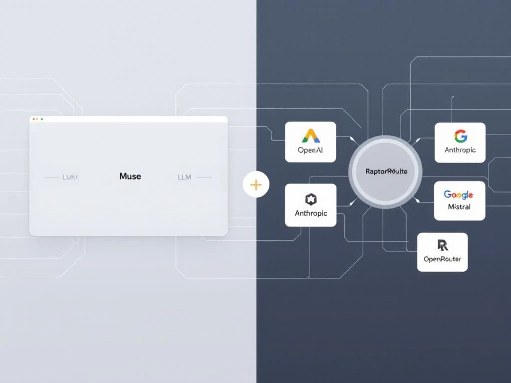 A split image. On one side, a minimalist, sleek interface with a single "Muse" model icon, representing Sudowrite's polish. On the other side, a more dynamic, multi-faceted interface with icons for various LLMs (OpenAI, Anthropic, Google, Mistral) connected by a central "OpenRouter" node, representing RaptorWrite's flexibility.