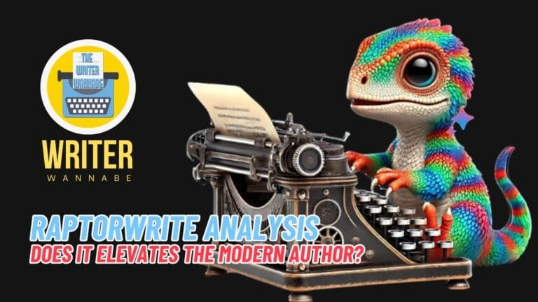 A colorful cartoon raptor types on a vintage typewriter beside the Writer Wannabe logo and the text “RaptorWrite Analysis: Elevating the modern author?”.