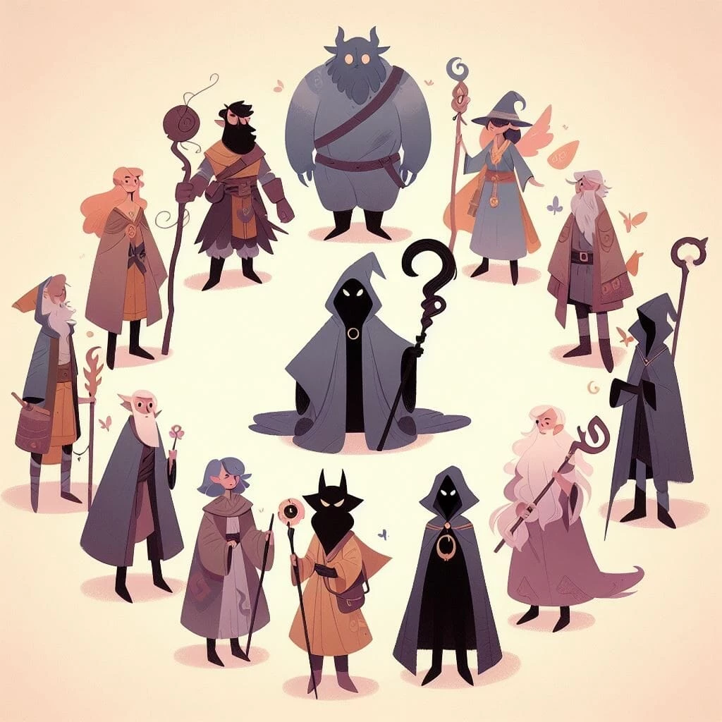 Arquetipos de Personajes: A group of twelve fantasy character archetypes in robes and cloaks, each holding staffs or magical items, arranged in a circle with a central hooded figure.