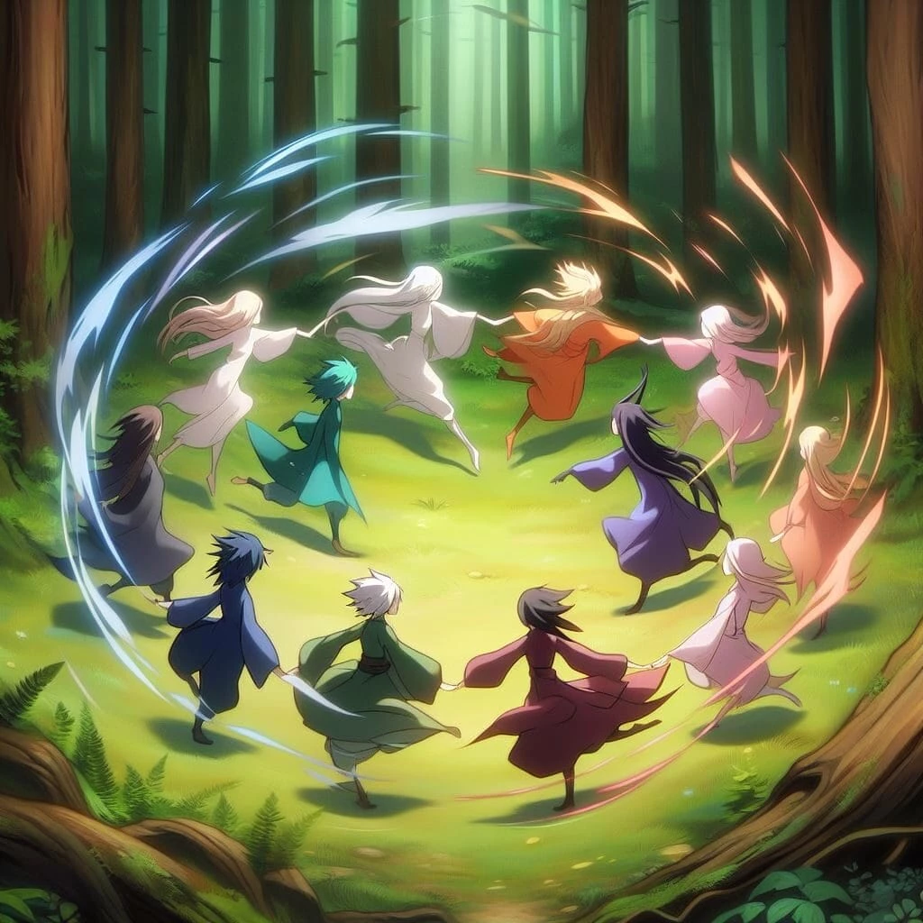 A group of twelve people, each embodying different character archetypes, in colorful robes form a circle, holding hands and dancing in a sunlit forest clearing, with swirling light trails around them.