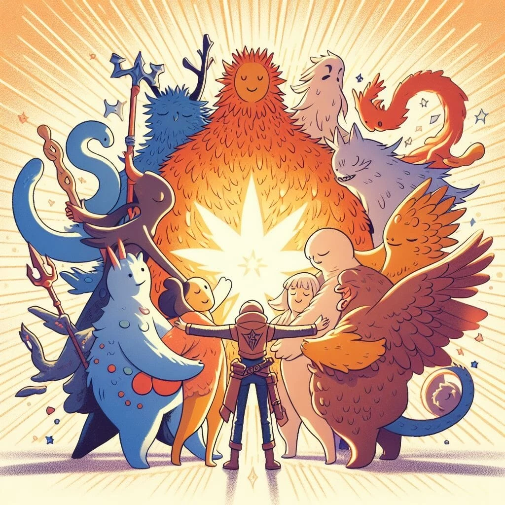 Arquetipos de Personajes:A group of fantastical character archetypes and two humans stand in a circle, reaching toward a glowing star at the center, radiating bright light and energy.