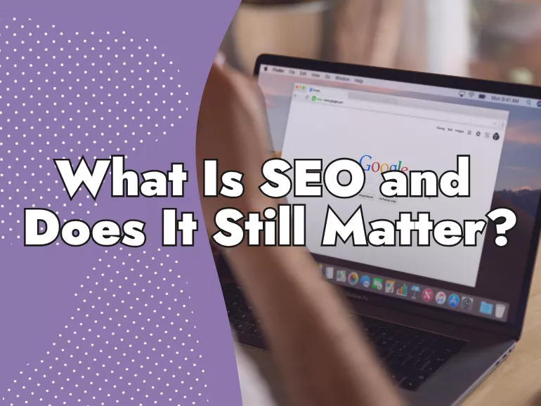 A person uses a laptop with Google open on the screen. Bold white text over a purple background reads,