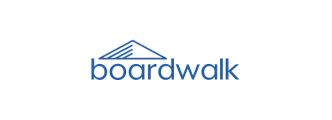 Logo with the word "boardwalk" in blue lowercase letters. Above the text is a triangular design composed of five slanted lines, resembling a stylized roof or pathway. The background is white.